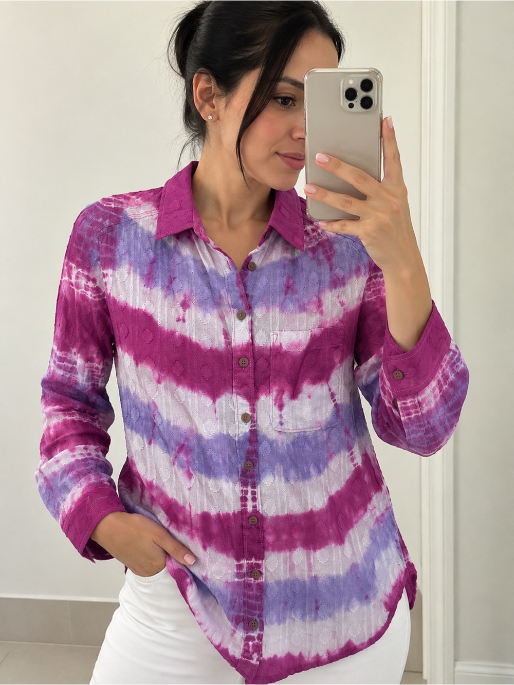 Tie Dye Button Down Shirt Pilcro Anthropologie Purple XS